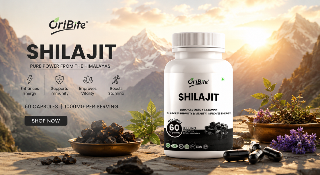 "Oribite Shilajit Capsules bottle displayed next to a small bowl of raw shilajit resin against a scenic Himalayan mountain background."