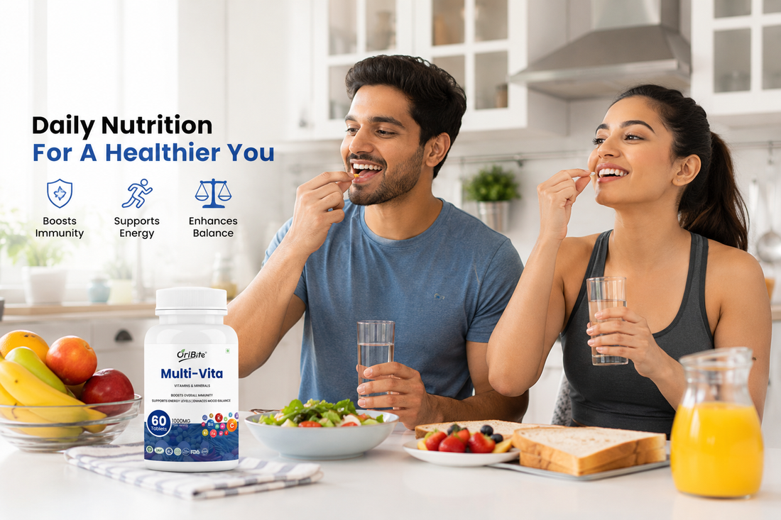 "A smiling man and woman eating breakfast in a bright kitchen next to a bottle of Oribite Multi-Vita capsules, with graphic text that reads 'Daily Nutrition For A Healthier You'."