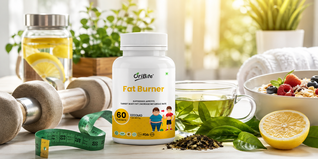 "A white bottle of Oribite Fat Burner Tablets on a kitchen counter next to silver dumbbells, a green measuring tape, a glass of green tea, and a sliced lemon."