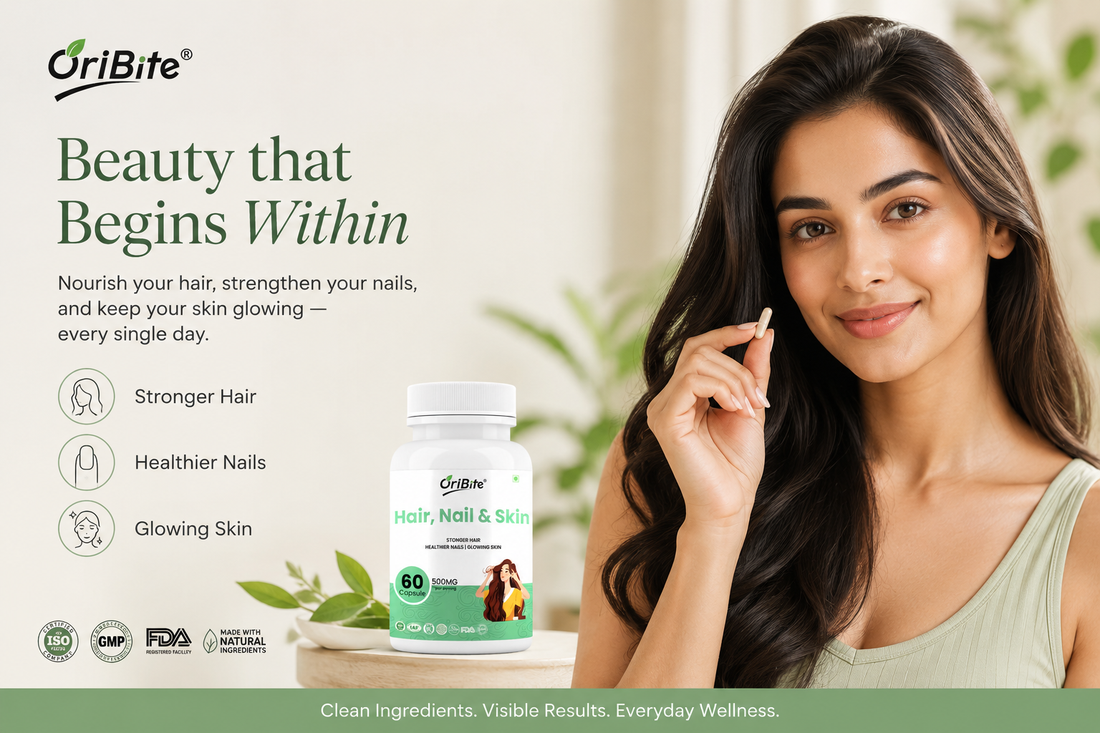 "A smiling woman with long, shiny dark hair stands next to a bottle of Oribite Hair Nail Skin Capsules, with a graphic text overlay that reads 'Beauty that Begins Within'."