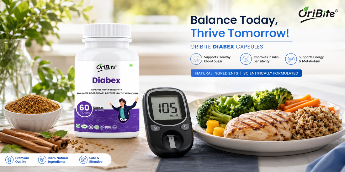 "A bottle of Oribite Diabex Capsules next to a blood glucose monitor displaying 105, a bowl of grains with cinnamon sticks, and a healthy plate of grilled chicken, broccoli, and brown rice."
