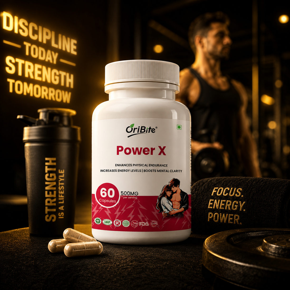 "A white bottle of Oribite Power X Capsules displayed next to a black shaker bottle and spilled capsules, featuring a fit man in a gym background with text overlays reading 'Discipline Today, Strength Tomorrow' and 'Focus. Energy. Power.'"