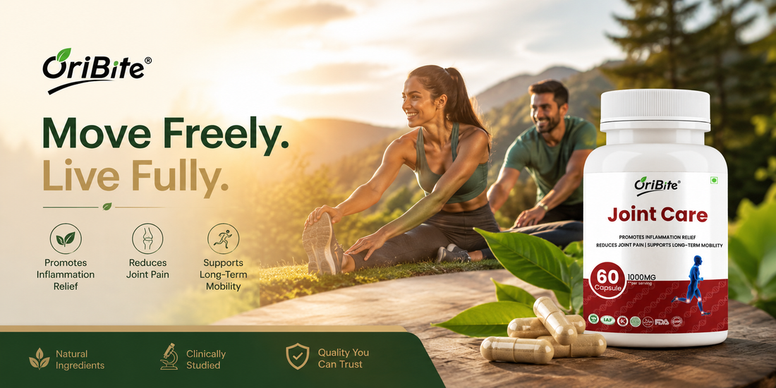 "A white bottle of Oribite Joint Care Capsules on a wooden surface next to a couple stretching outside, with graphic text overlay reading 'Move Freely. Live Fully.'"
