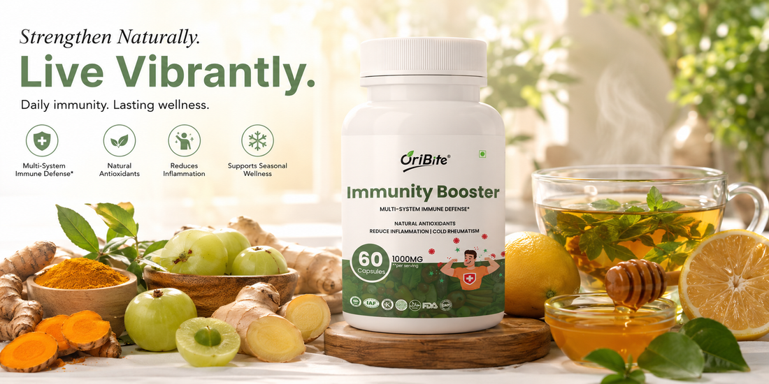 "A white bottle of Oribite Immunity Booster Capsules on a wooden kitchen counter, surrounded by natural ingredients like fresh turmeric roots, amla fruits, giloy stems, and a small bowl of green tulsi leaves."