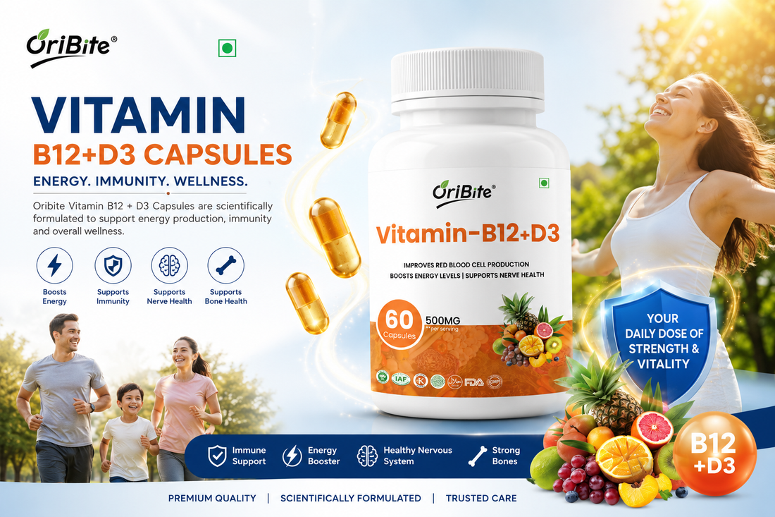 "Oribite Vitamin B12 + D3 Capsules bottle centered next to graphics of an active family outdoors, a woman stretching in the sun, and a fresh mix of fruits, vegetables, and milk."