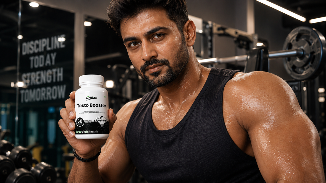 "A muscular man in a gym holding a white bottle of Oribite Testobooster Tablets, next to motivational graphic text that reads 'Discipline Today, Strength Tomorrow'."