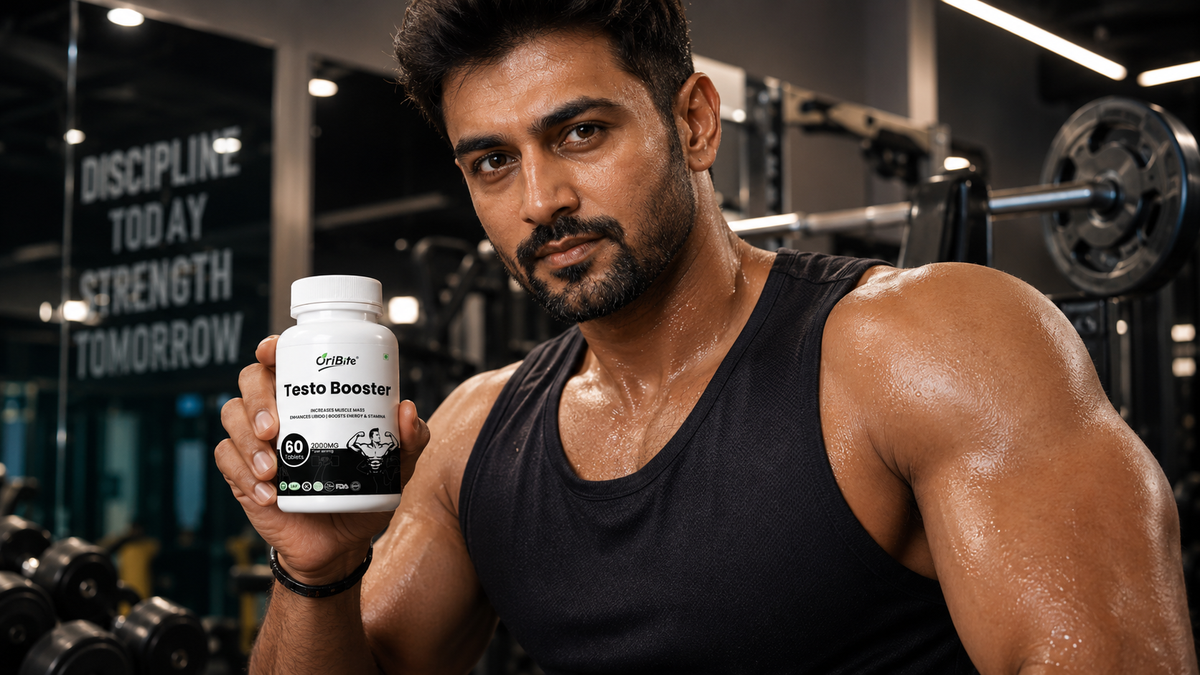 "A muscular man in a gym holding a white bottle of Oribite Testobooster Tablets, next to motivational graphic text that reads 'Discipline Today, Strength Tomorrow'."