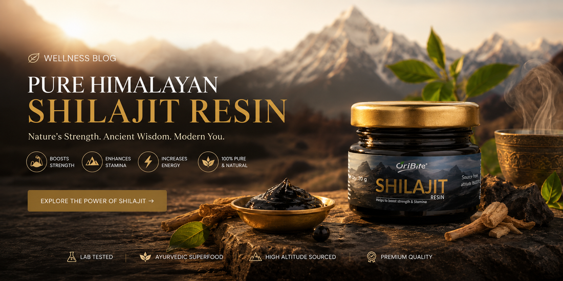 "A dark glass jar of Oribite Pure Himalayan Shilajit Resin placed on a rustic wood slice next to a small bowl of raw shilajit, with a dramatic snowy mountain peak background and text reading 'Pure Himalayan Shilajit Resin'."