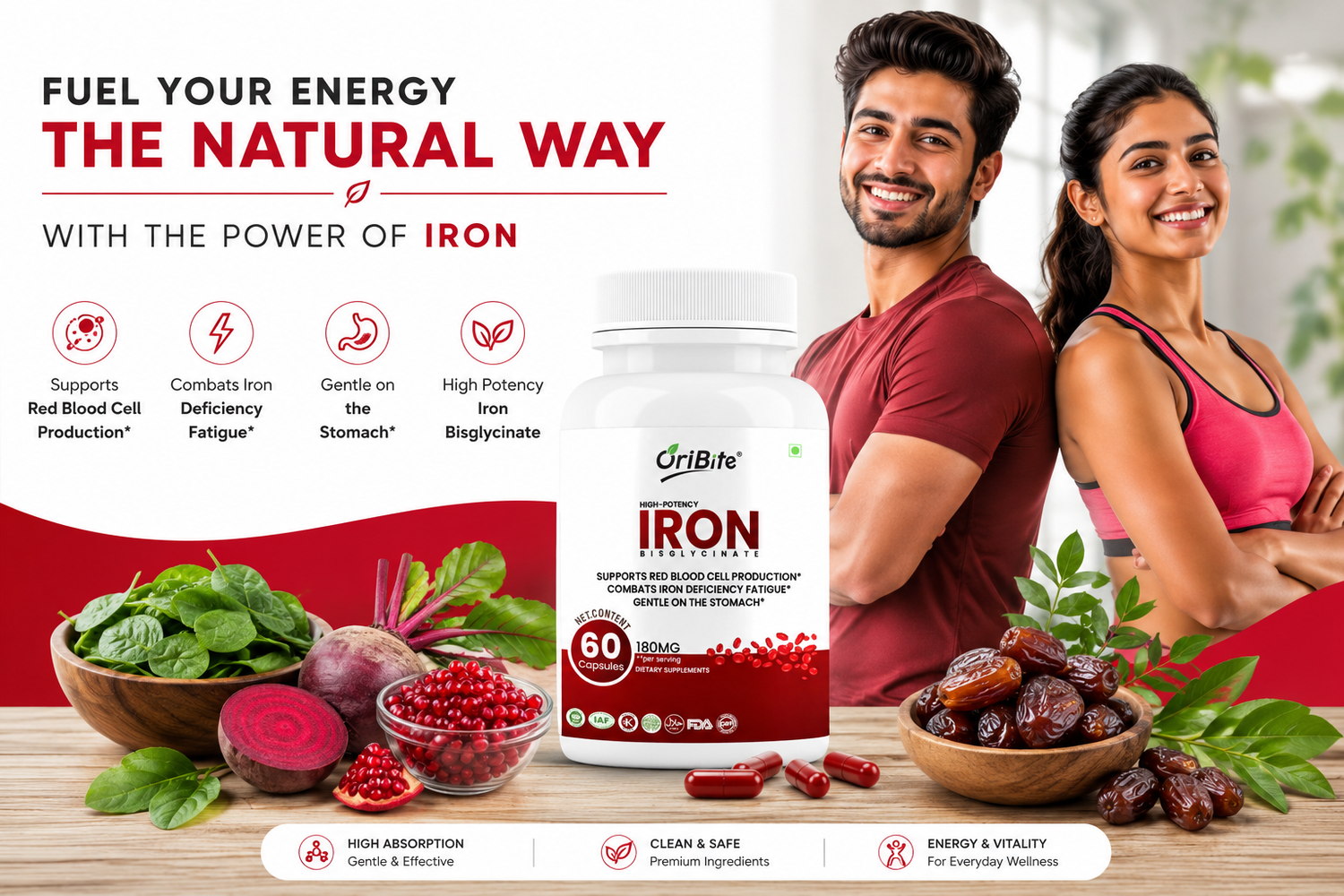 "A white bottle of Oribite Iron Capsules on a counter next to a bowl of fresh spinach, pomegranates, and beetroot, featuring a fit man and woman in gym clothing and a graphic text overlay reading 'Fuel Your Energy The Natural Way'."