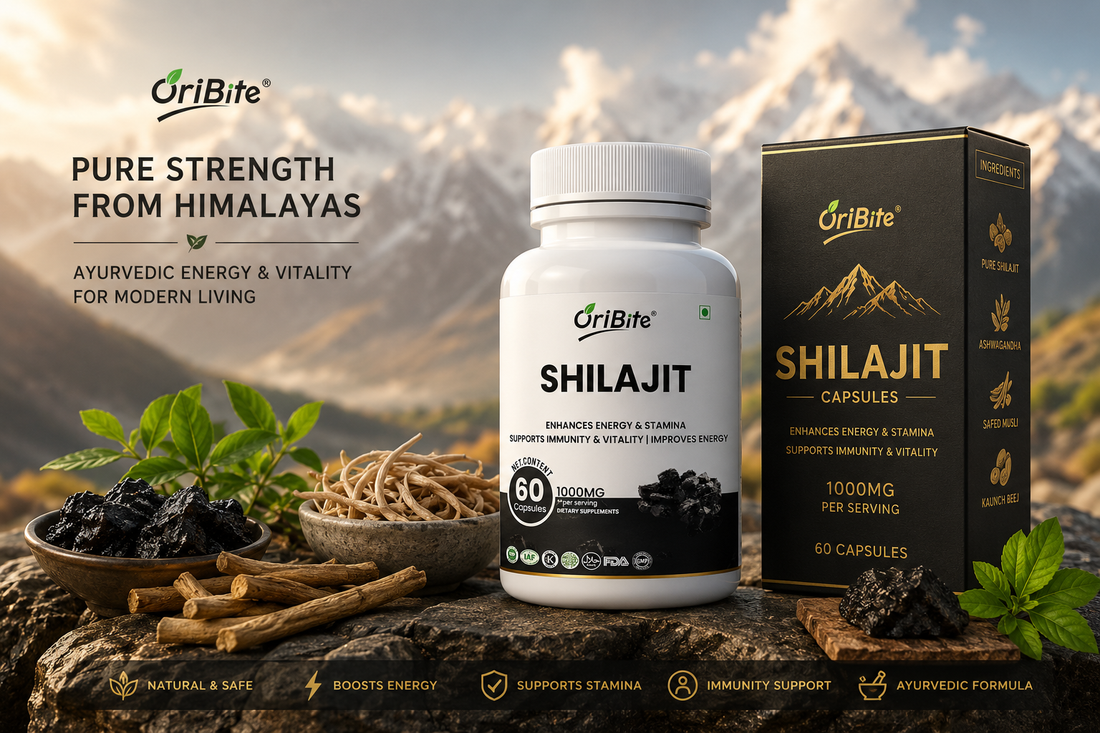 "An Oribite Shilajit Capsules white bottle and black product box displayed next to raw herbs and roots, against a misty mountain background with graphic text reading 'Pure Strength From Himalayas'."