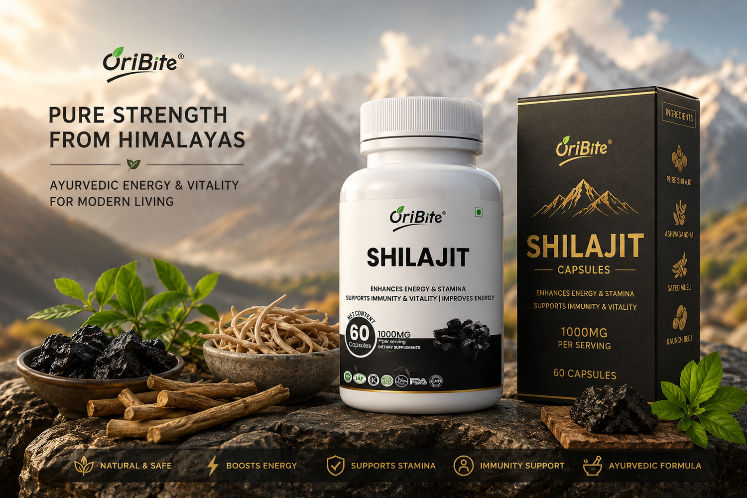 "An Oribite Shilajit Capsules white bottle and black product box displayed next to raw herbs and roots, against a misty mountain background with graphic text reading 'Pure Strength From Himalayas'."
