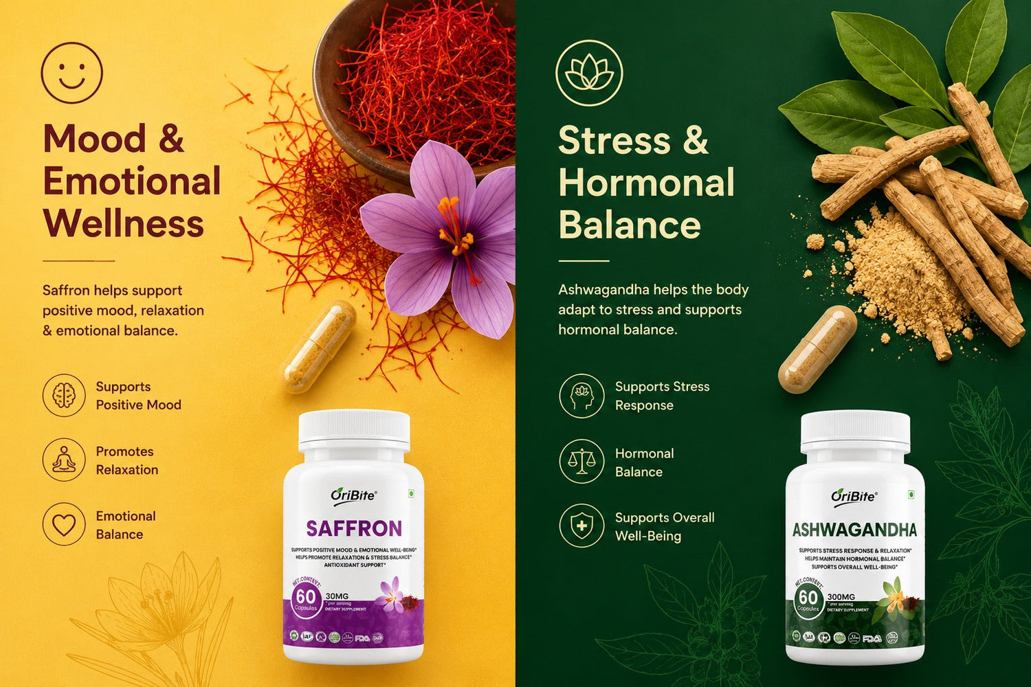 A side-by-side comparison infographic titled 'Mood & Emotional Wellness' vs 'Stress & Hormonal Balance