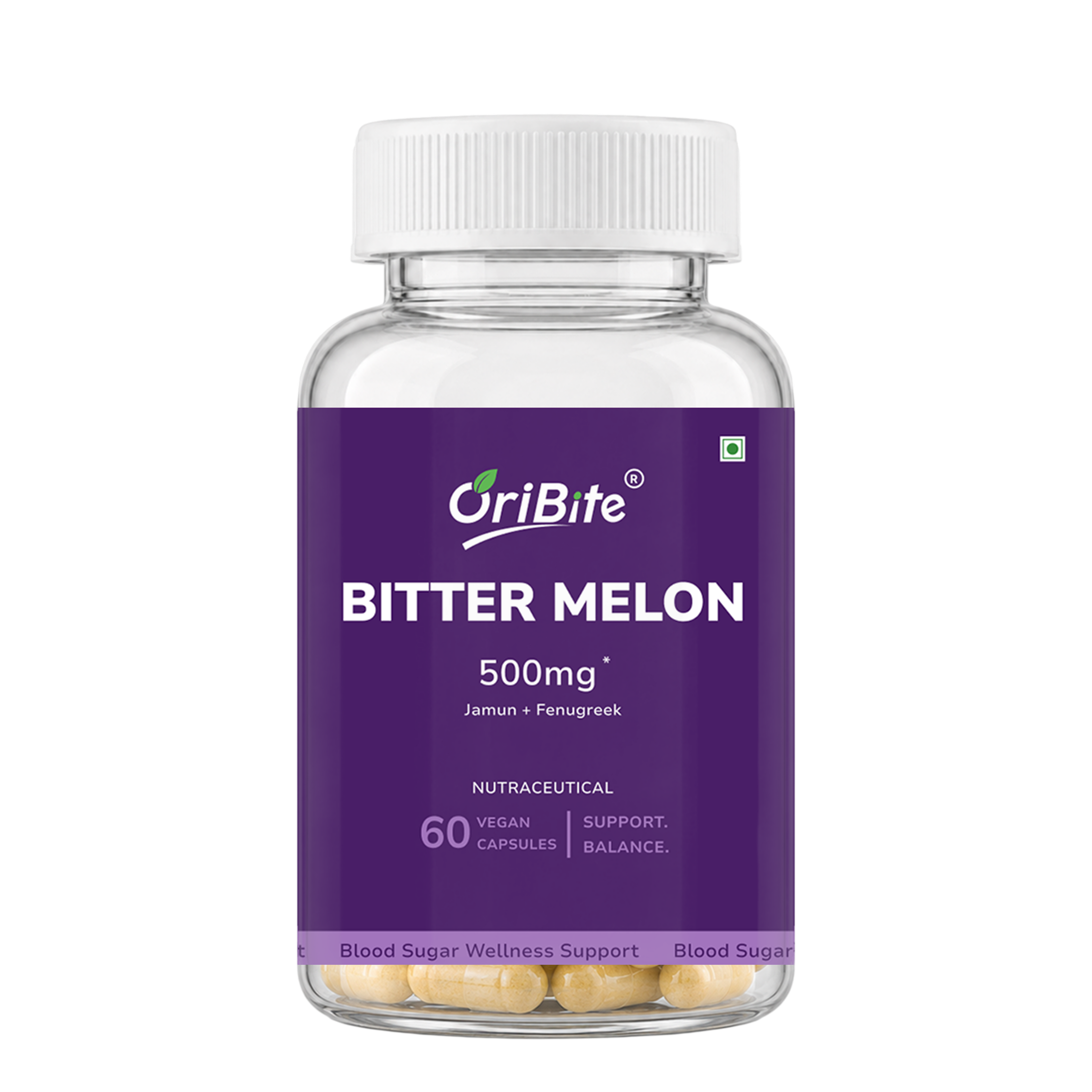 A clear plastic supplement bottle of OriBite Bitter Melon 500mg capsules with a white cap and a purple label, shown on a plain white background.