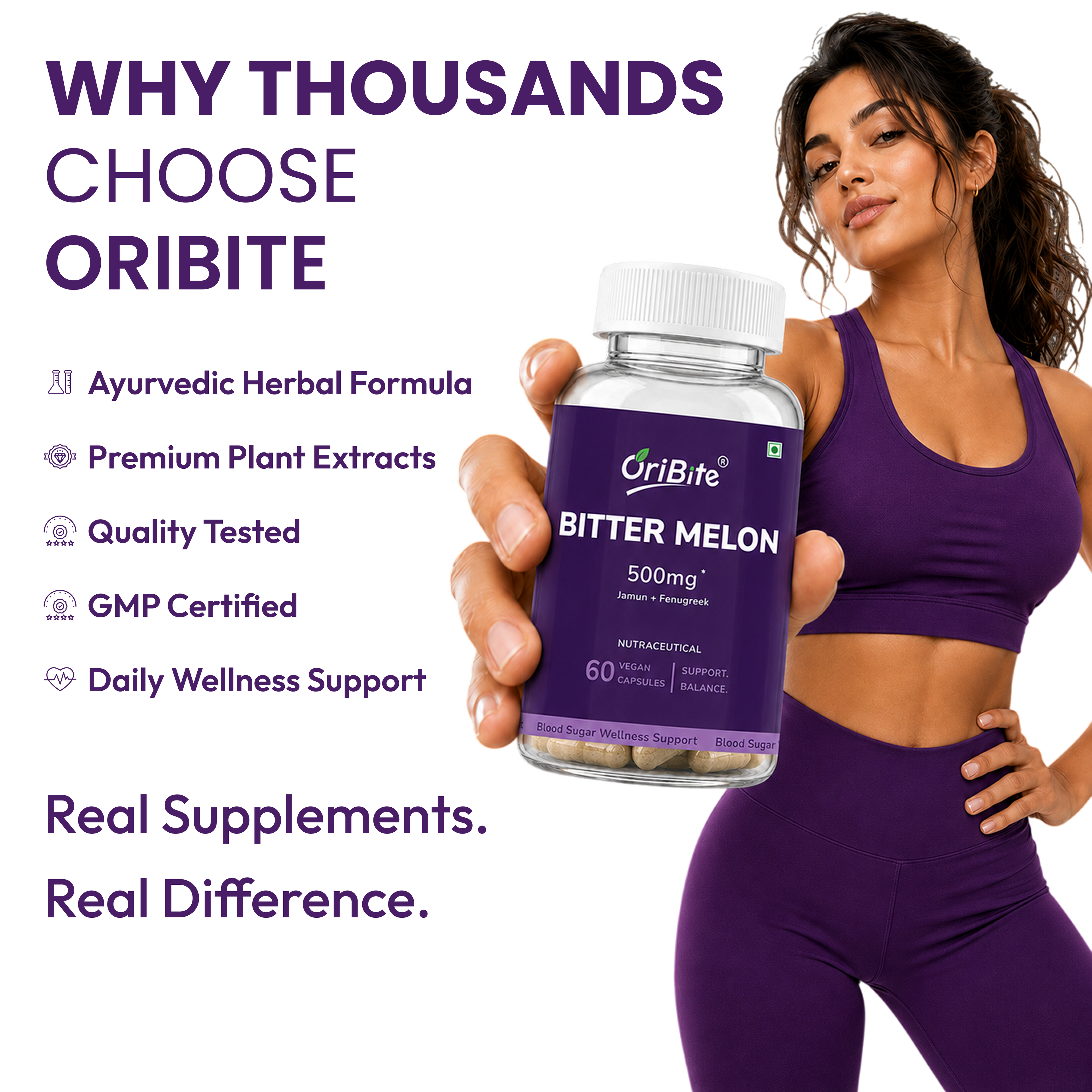 A woman in purple athletic wear holds a bottle of Oribite Bitter Melon supplements next to a list of marketing benefits on a white background.