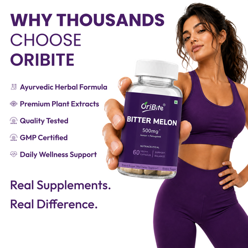 A woman in purple athletic wear holds a bottle of Oribite Bitter Melon supplements next to a list of marketing benefits on a white background.