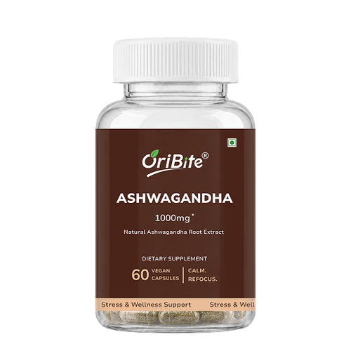 A bottle of OriBite Ashwagandha 1000mg dietary supplement, featuring a dark brown label and a white cap, shown on a plain white background.