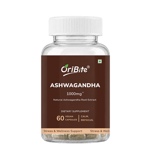 A bottle of OriBite Ashwagandha 1000mg dietary supplement, featuring a dark brown label and a white cap, shown on a plain white background.