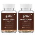 Two clear plastic bottles of OriBite Ashwagandha 1000mg dietary supplement with white caps and dark brown labels, shown side by side on a white background.
