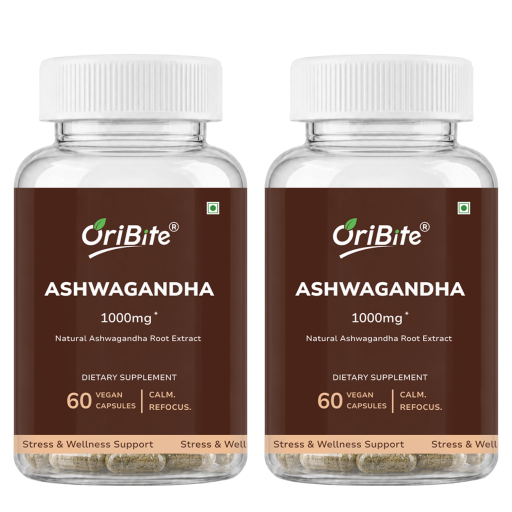 Two clear plastic bottles of OriBite Ashwagandha 1000mg dietary supplement with white caps and dark brown labels, shown side by side on a white background.
