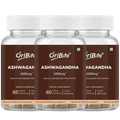 Three clear plastic bottles of OriBite Ashwagandha 1000mg dietary supplements with white caps and dark brown labels, arranged side by side on a white background.