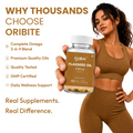 A woman in a brown sports bra holds a bottle of Oribite Flaxseed Oil against a clean white background with promotional text on the left.