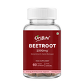 A clear plastic bottle of OriBite Beetroot 1000mg food supplement with a white cap and a deep red label, containing 60 vegan capsules.