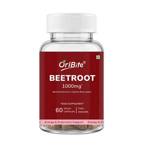 A clear plastic bottle of OriBite Beetroot 1000mg food supplement with a white cap and a deep red label, containing 60 vegan capsules.