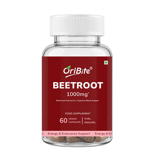 A bottle of OriBite Beetroot 1000mg food supplement, featuring a white cap and a dark red label, containing 60 vegan capsules.