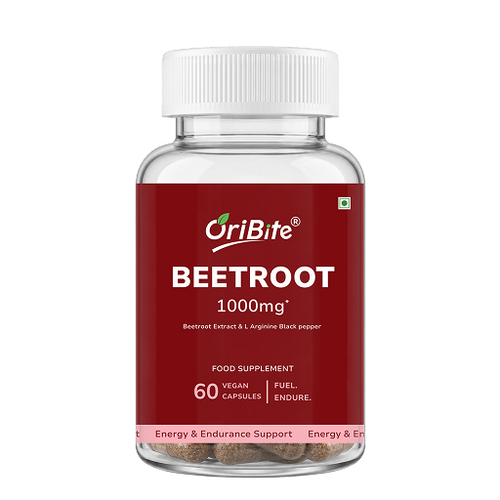 A bottle of OriBite Beetroot 1000mg food supplement, featuring a white cap and a dark red label, containing 60 vegan capsules.