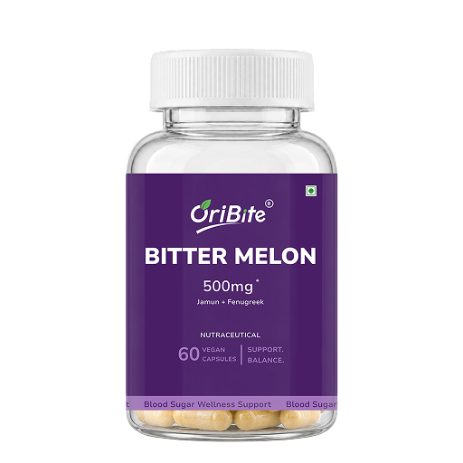 A clear plastic bottle of OriBite Bitter Melon 500mg dietary supplement capsules, featuring a prominent purple label and a white cap, set against a plain white background.