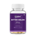 A clear plastic bottle of OriBite Bitter Melon 500mg capsules with a white cap and a purple label, containing 60 vegan capsules.
