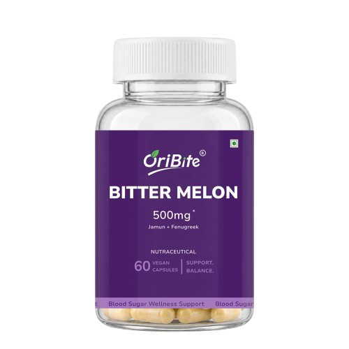 A clear plastic bottle of OriBite Bitter Melon 500mg capsules with a white cap and a purple label, containing 60 vegan capsules.