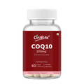 A bottle of OriBite COQ10 200mg dietary supplement with a dark red label and white cap, containing 60 vegan capsules.
