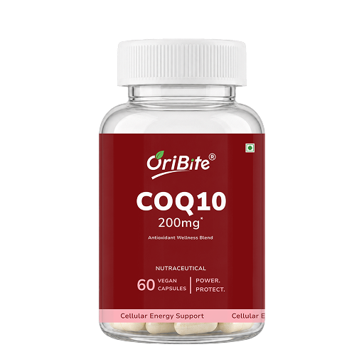 A bottle of OriBite COQ10 200mg dietary supplement with a dark red label and white cap, containing 60 vegan capsules.