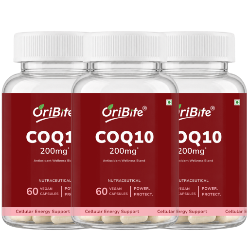 Three clear plastic bottles of OriBite COQ10 200mg dietary supplement capsules arranged side by side on a white background.