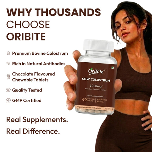 A woman in a brown sports bra and leggings holds a bottle of Oribite Cow Colostrum 1000mg chewable tablets. The left side features marketing text highlighting benefits like premium bovine colostrum, natural antibodies, and chocolate-flavored tablets on a white background.