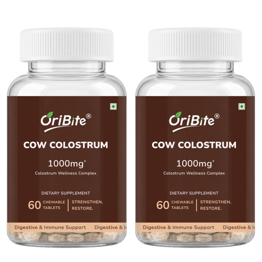 Two clear plastic bottles of OriBite Cow Colostrum 1000mg dietary supplement, each containing 60 chewable tablets, shown side-by-side on a plain white background.