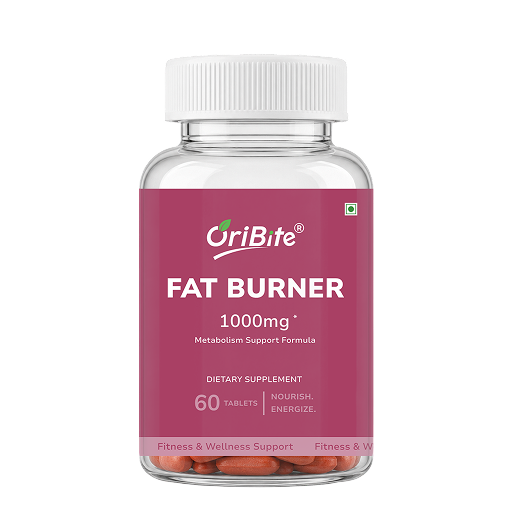 A clear plastic bottle of OriBite Fat Burner dietary supplement with a white cap and a magenta label, containing 60 orange-brown tablets, shown on a plain white background.