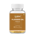 A clear plastic bottle of OriBite Flaxseed Oil 1000mg with a white cap and a brown label, containing 60 vegan capsules, shown on a plain white background.