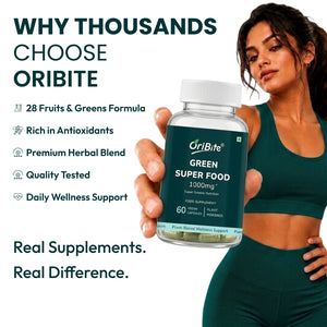 A woman in a dark green athletic outfit holds a bottle of OriBite Green Super Food against a white background with promotional text listing benefits such as 28 fruits and greens formula, antioxidants, herbal blend, quality testing, and daily wellness support.