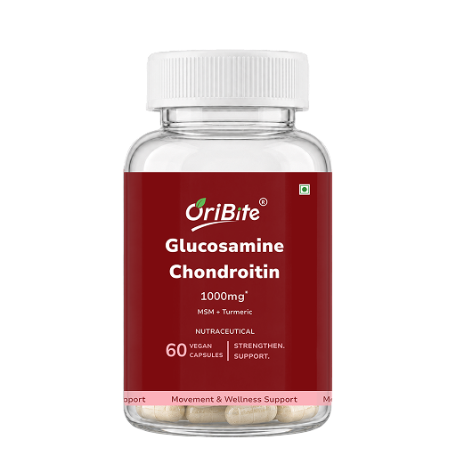 A clear plastic bottle of OriBite Glucosamine Chondroitin 1000mg dietary supplements with a white cap and a dark red label, containing 60 vegan capsules.