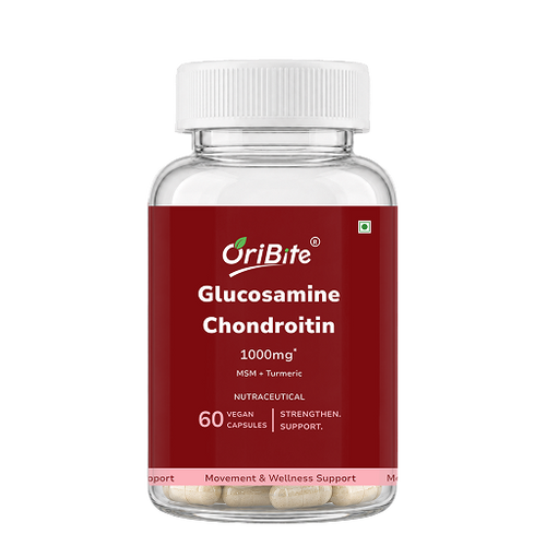 A clear plastic bottle of OriBite Glucosamine Chondroitin 1000mg dietary supplements with a white cap and a dark red label, containing 60 vegan capsules.