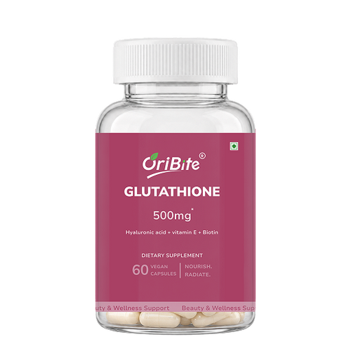A clear plastic bottle of OriBite Glutathione 500mg dietary supplement with a white cap and a magenta label, containing 60 vegan capsules, shown on a white background.
