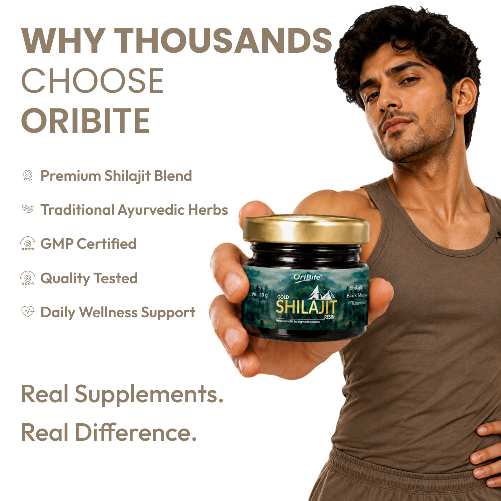 A man in a brown tank top holds a jar of Oribite Shilajit against a white background with promotional text highlighting benefits like premium shilajit blend, traditional ayurvedic herbs, GMP certification, and daily wellness support.