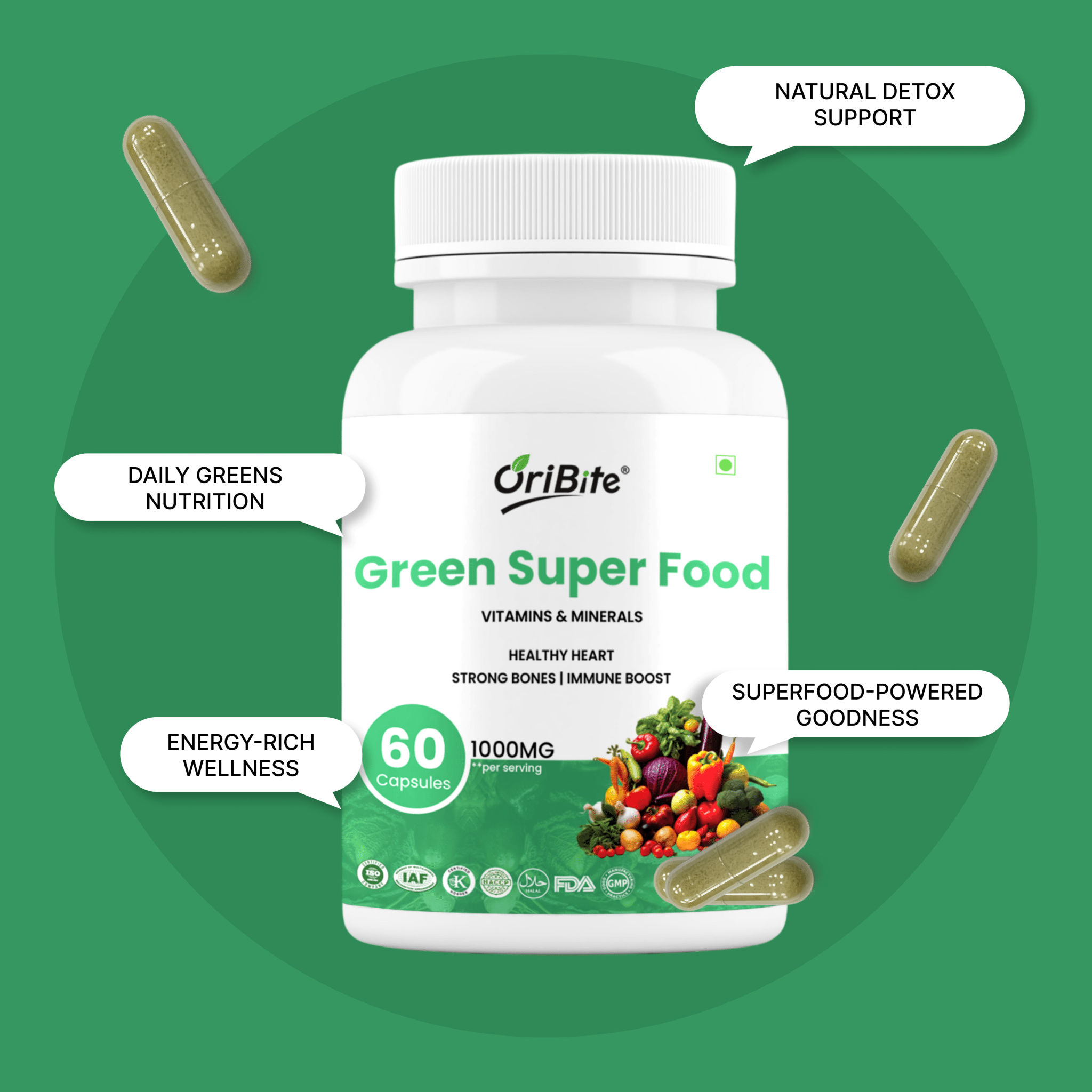 Super Green Superfood Capsules for Immunity & Bone Strength - Oribite