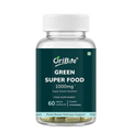 A clear plastic bottle of OriBite Green Super Food dietary supplement with a white cap and a dark green label, containing 60 vegan capsules.