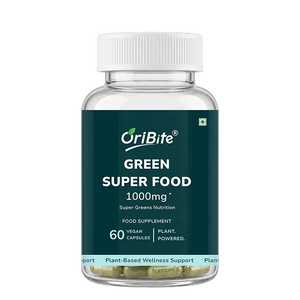 A clear plastic bottle of OriBite Green Super Food dietary supplement with a white cap and a dark green label, containing 60 vegan capsules.