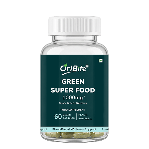 A clear plastic bottle of OriBite Green Super Food dietary supplement with a white cap and a dark green label, containing 60 vegan capsules.