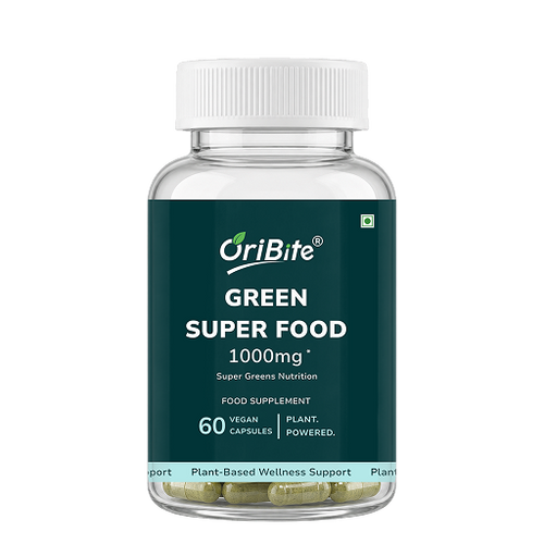 A clear plastic bottle of OriBite Green Super Food dietary supplement with a white cap and a dark green label, containing 60 vegan capsules.