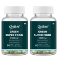 Two clear plastic bottles of OriBite Green Super Food 1000mg food supplement, each with a white cap and a dark green label, shown side by side on a white background.